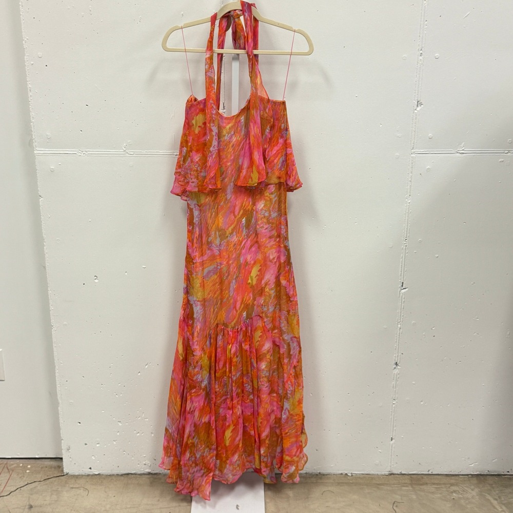 Foley + Corinna Silk Halter Maxi Dress‎ Orange Watercolor Print XS Boho Abstract